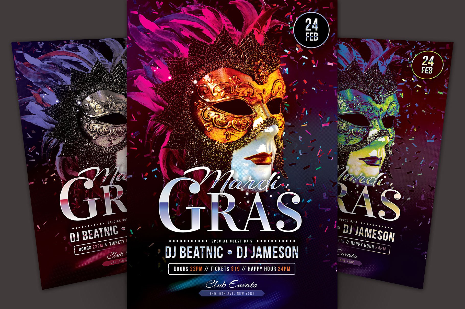 狂欢节面具派对宣传传单模板 Mardi Gras Flyer Template插图