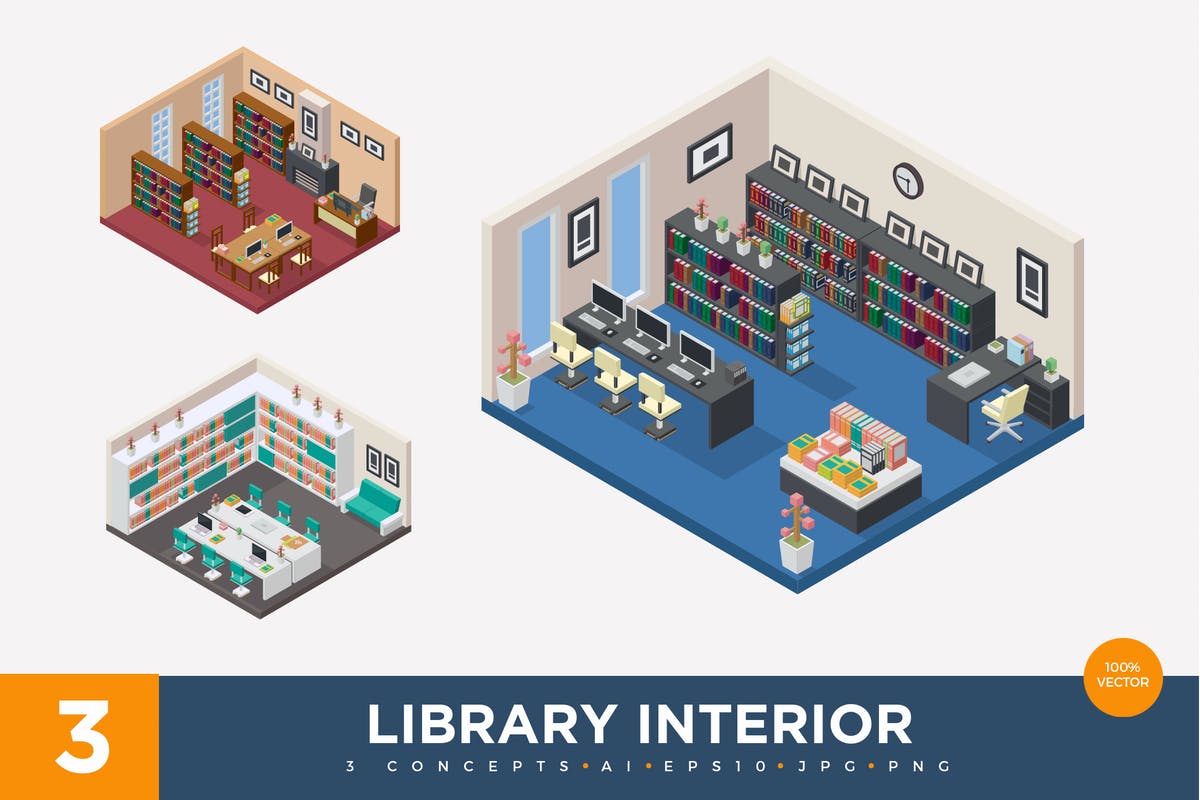 库房仓库场景2.5D等距概念插画v1 3 Isometric Library Interior Vector Set 1插图