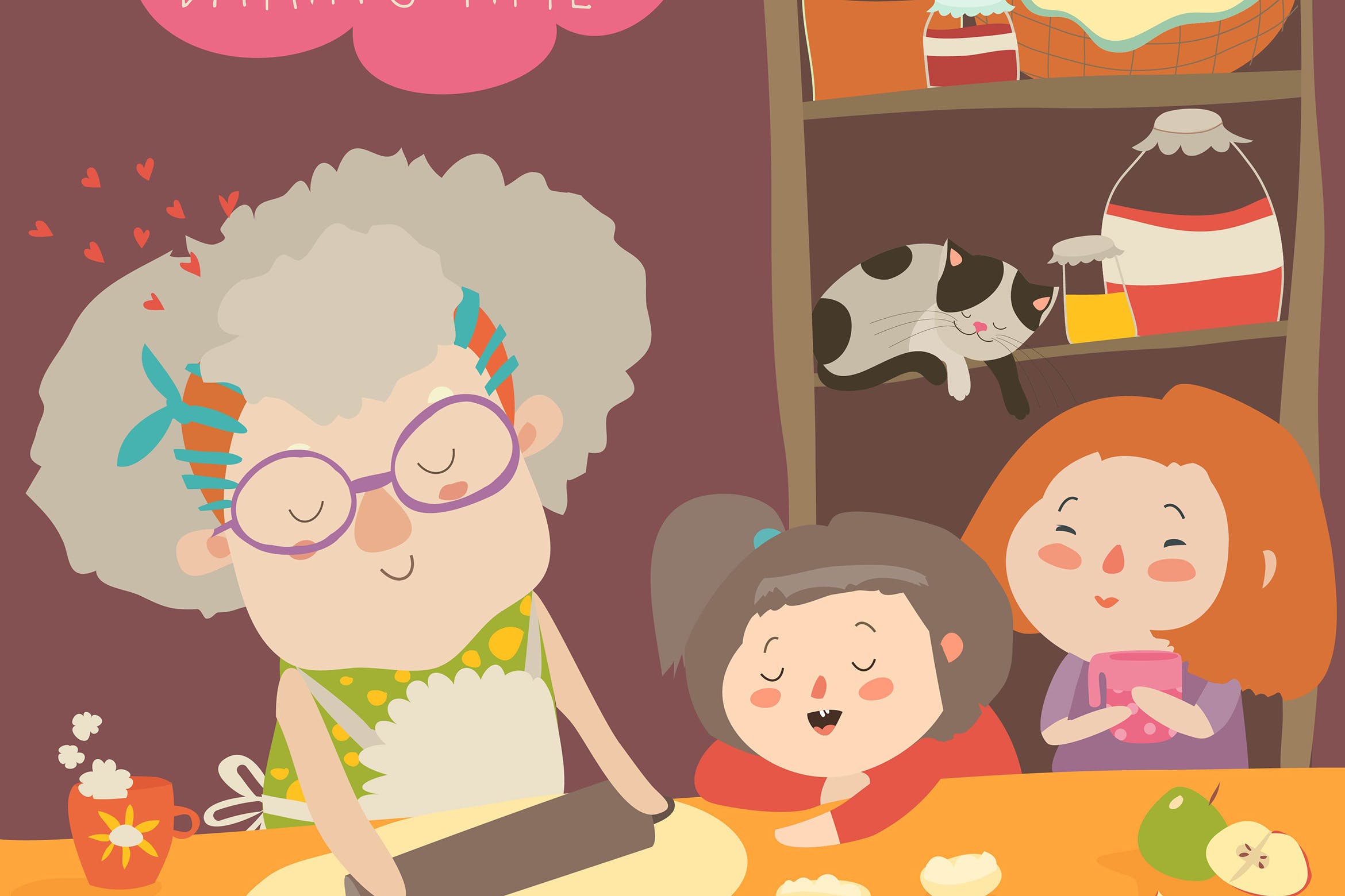 家庭烘培亲子活动场景矢量插画素材 Grandmother and kids bake together at a kitchen.插图
