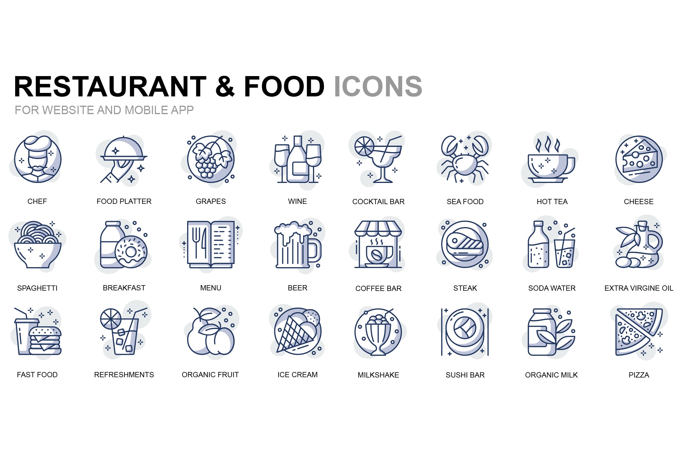 餐厅美食细线线性图标素材 Restaurant and Food Thin Line Icons插图