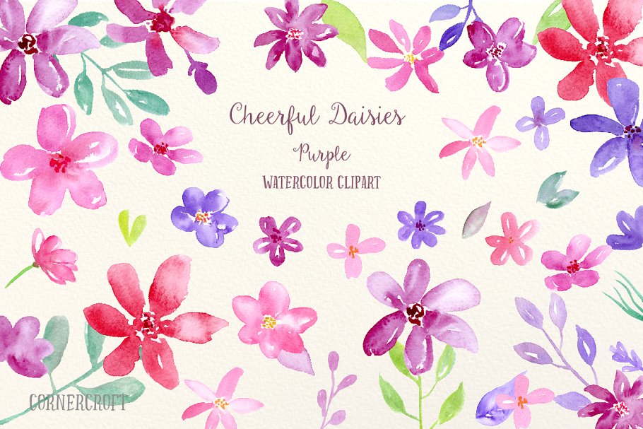 紫色主题雏菊花卉＆装饰元素集合 Watercolor Cheerful Daisy Purple插图