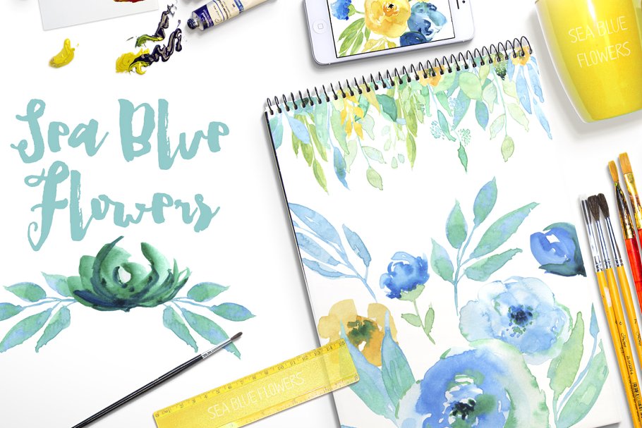 手绘海蓝色水彩花卉图形元素 Sea Blue Flowers插图1