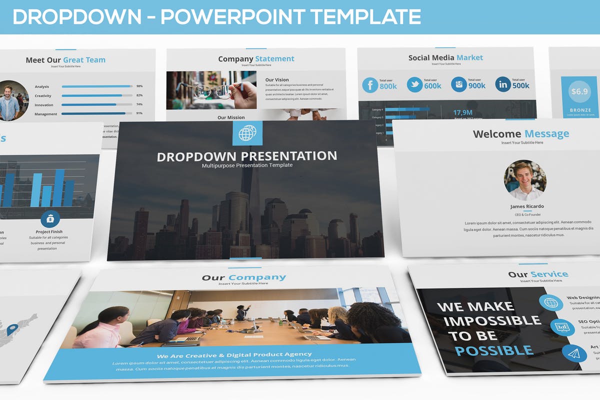 多用途和简单PowerPoint模板 Dropdown Powerpoint Presentation Template插图