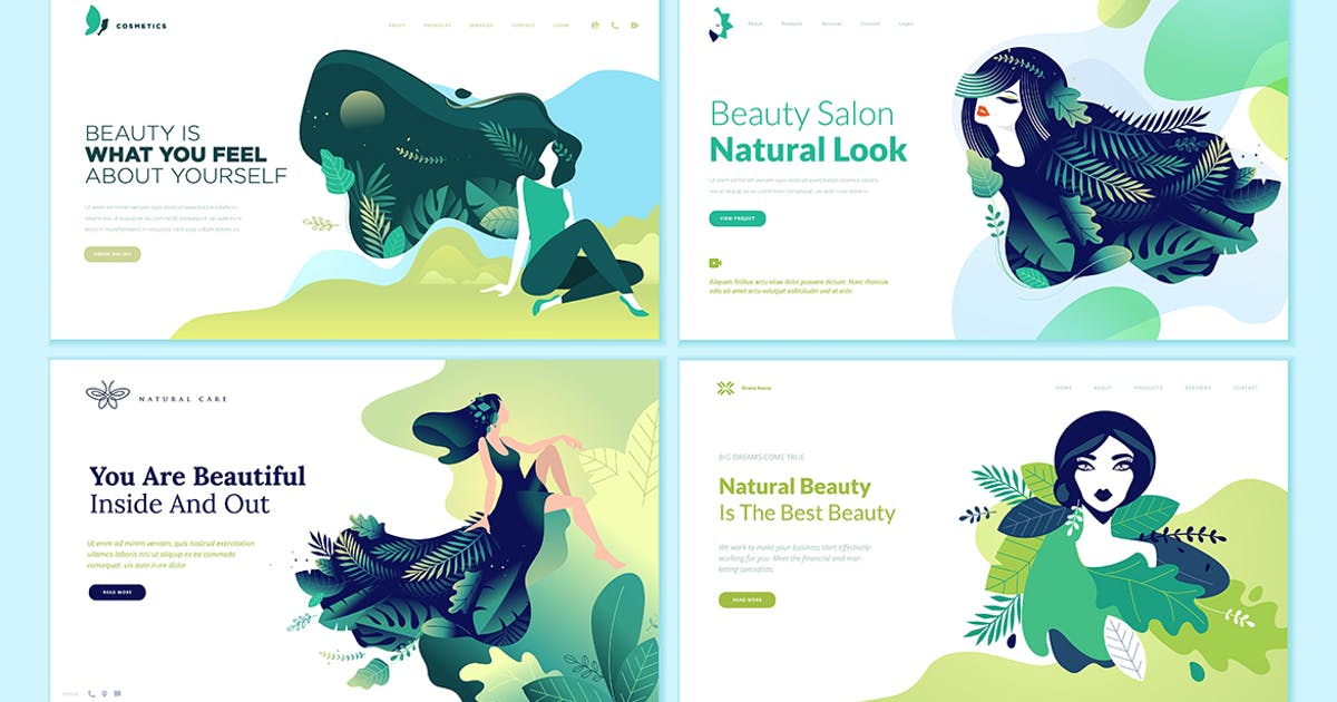 女性时尚品牌网站着陆页设计概念插画素材 Set of Beauty Web Page Design Templates插图