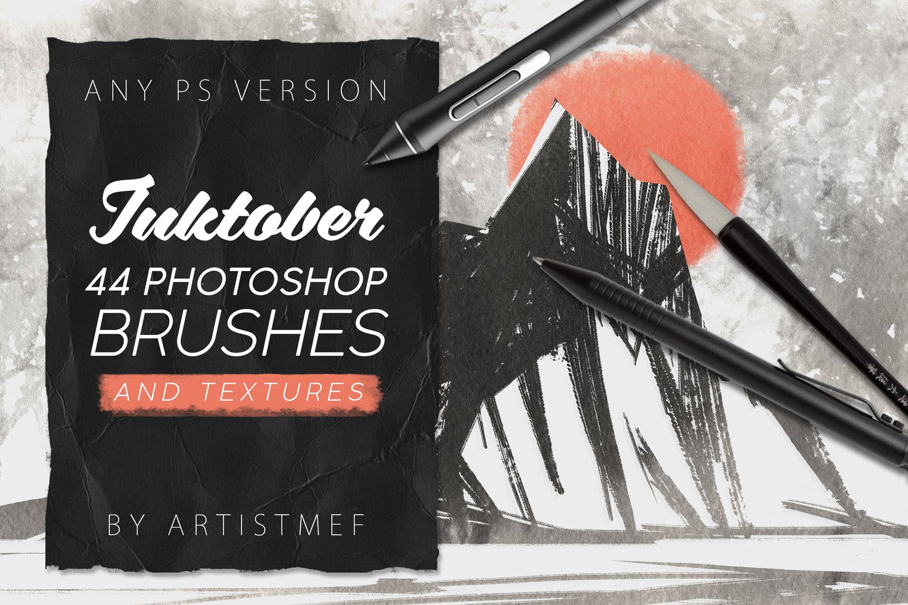 44种墨水笔画笔图形图案PS笔刷 Inktober 2019 Photoshop Brushes插图