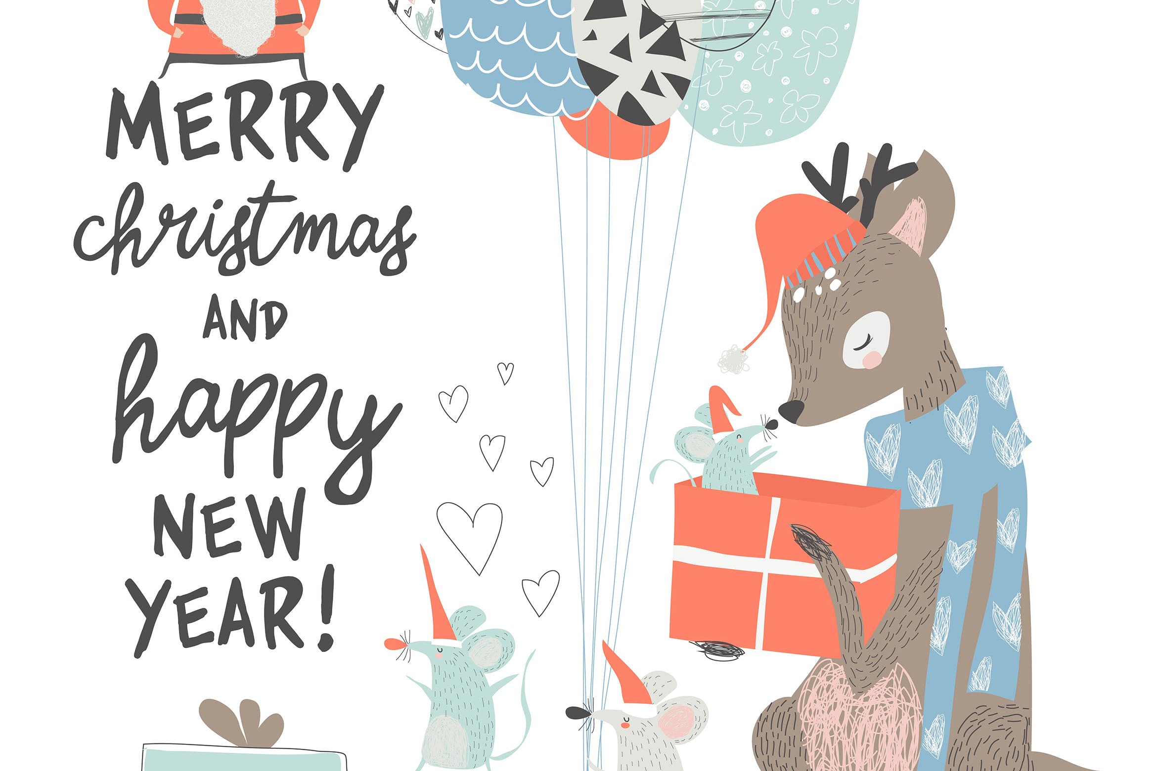 可爱卡通老鼠&驯鹿绘图案圣诞节贺卡设计模板v1 Vector Greeting Christmas card with cute deer and插图