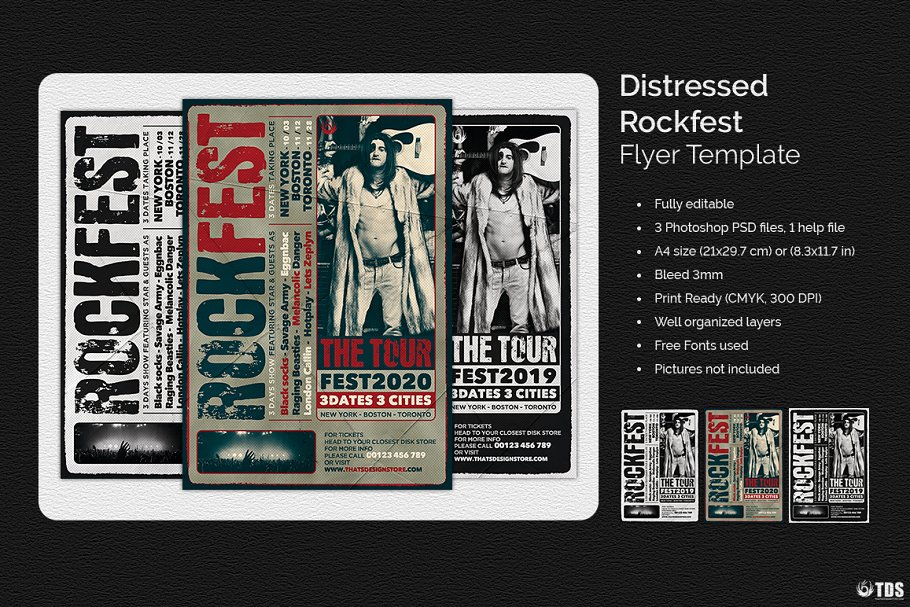 嬉皮风摇滚音乐活动传单PSD模板 Distressed Rockfest Flyer PSD插图(1)