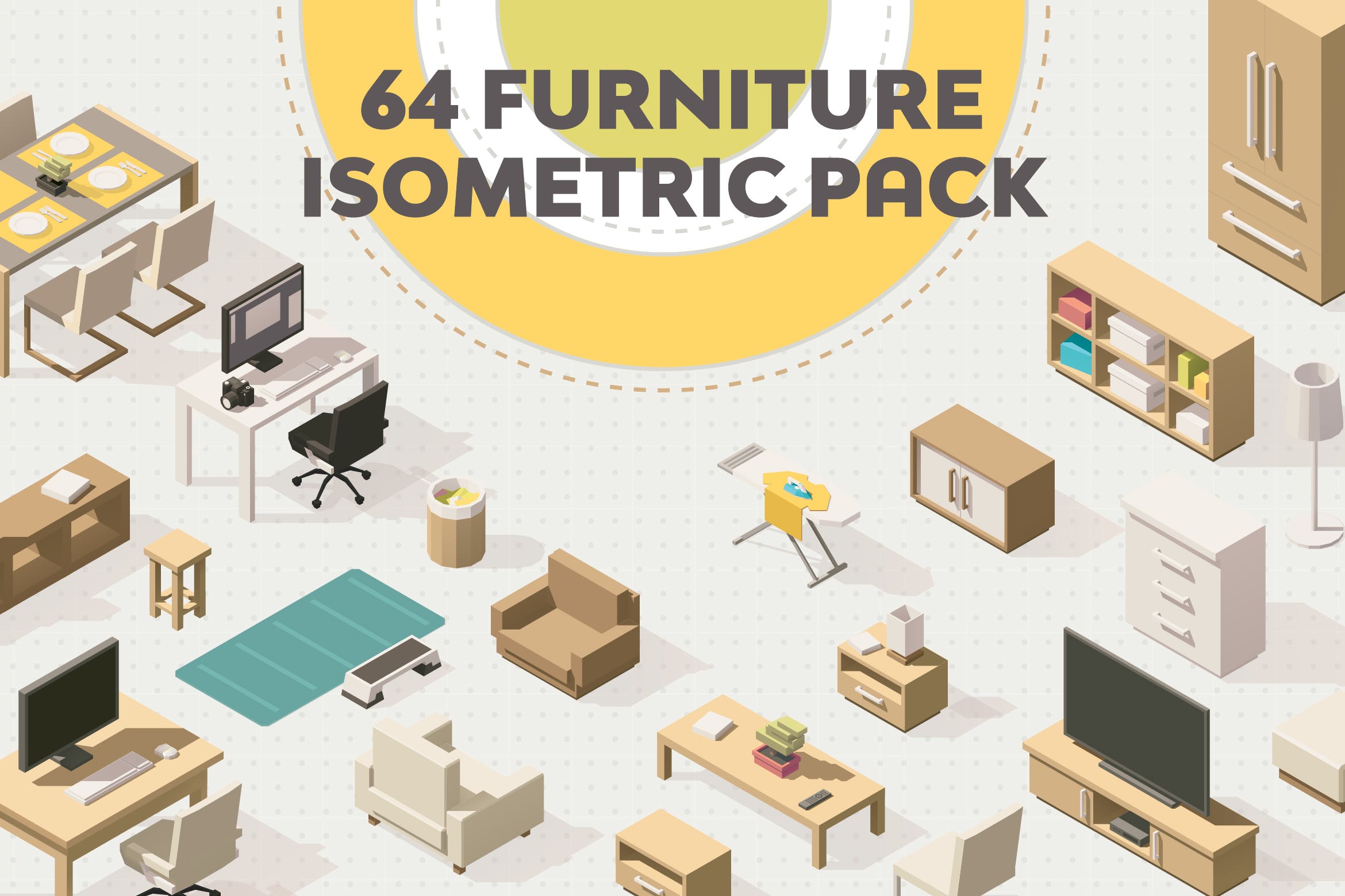 64个扁平设计风格家具等距场景插画素材 Furniture Isometric Flat Set插图