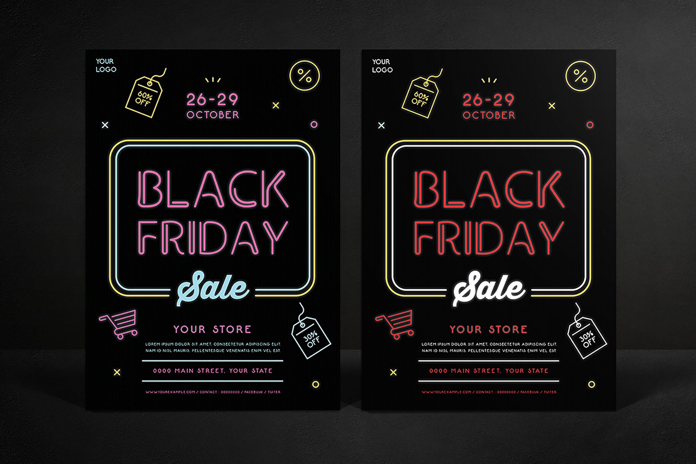 霓虹灯设计风格黒五购物节店铺促销广告传单海报模板 Black Friday Sale Flyer插图