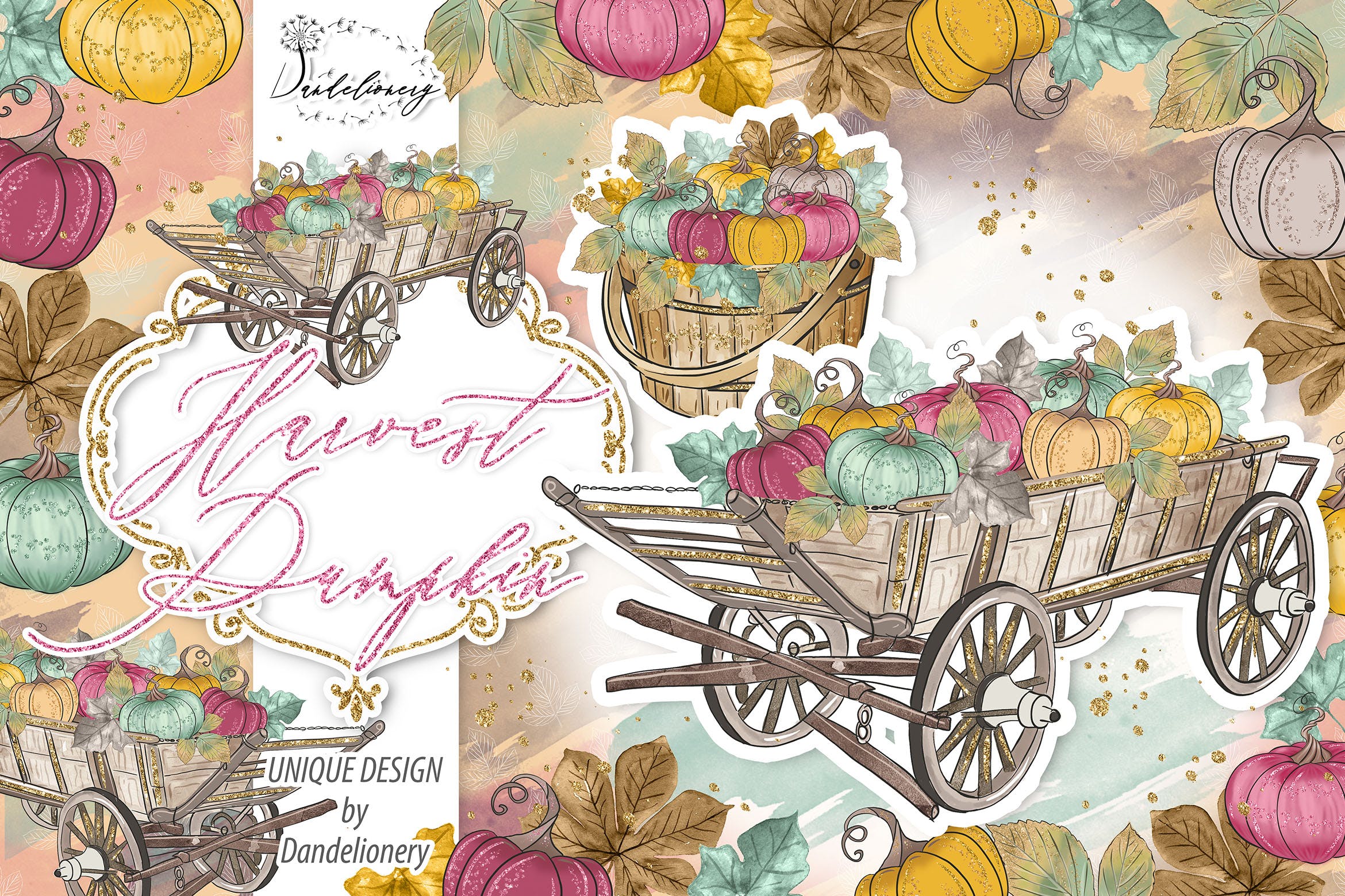 丰收季节秋天农场手绘图案PNG素材 Harvest Pumpkin design插图