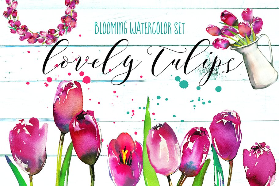 粉红郁金香水彩花卉套装 Pink Tulips Watercolor Floral Set插图