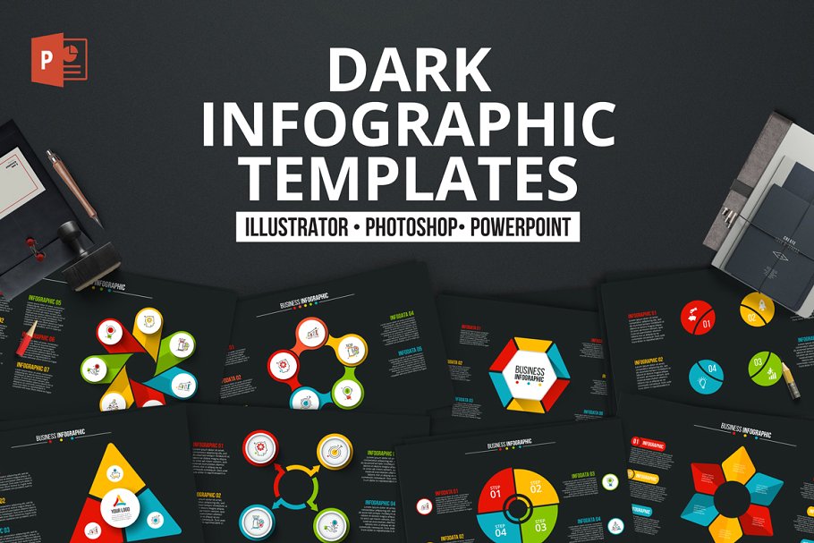 酷黑背景数据演示信息图表幻灯片模板素材 Dark infographics templates插图