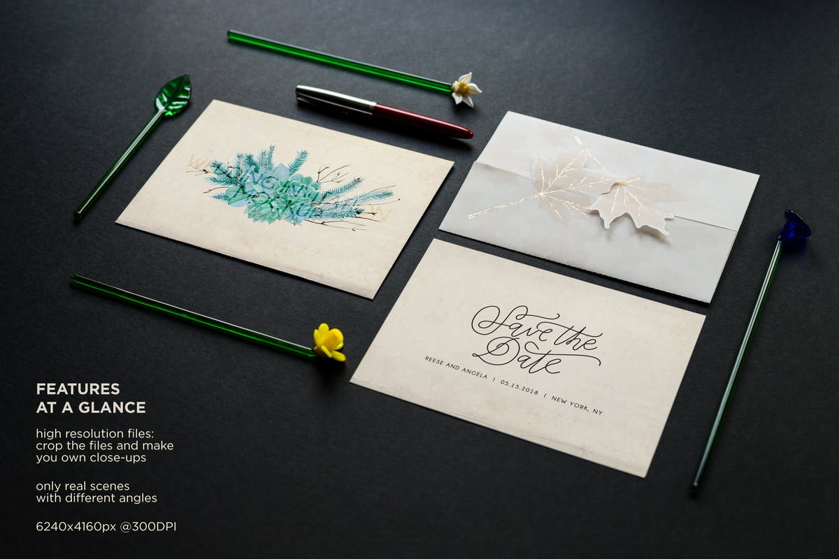 经典复古婚礼请柬样机模板 Vintage Wedding Invitation Mockup插图