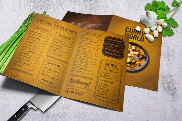 复古咖喱美食双折页菜单设计模板 Curry World Retro Bifold Menu A4 and US Letter插图(1)