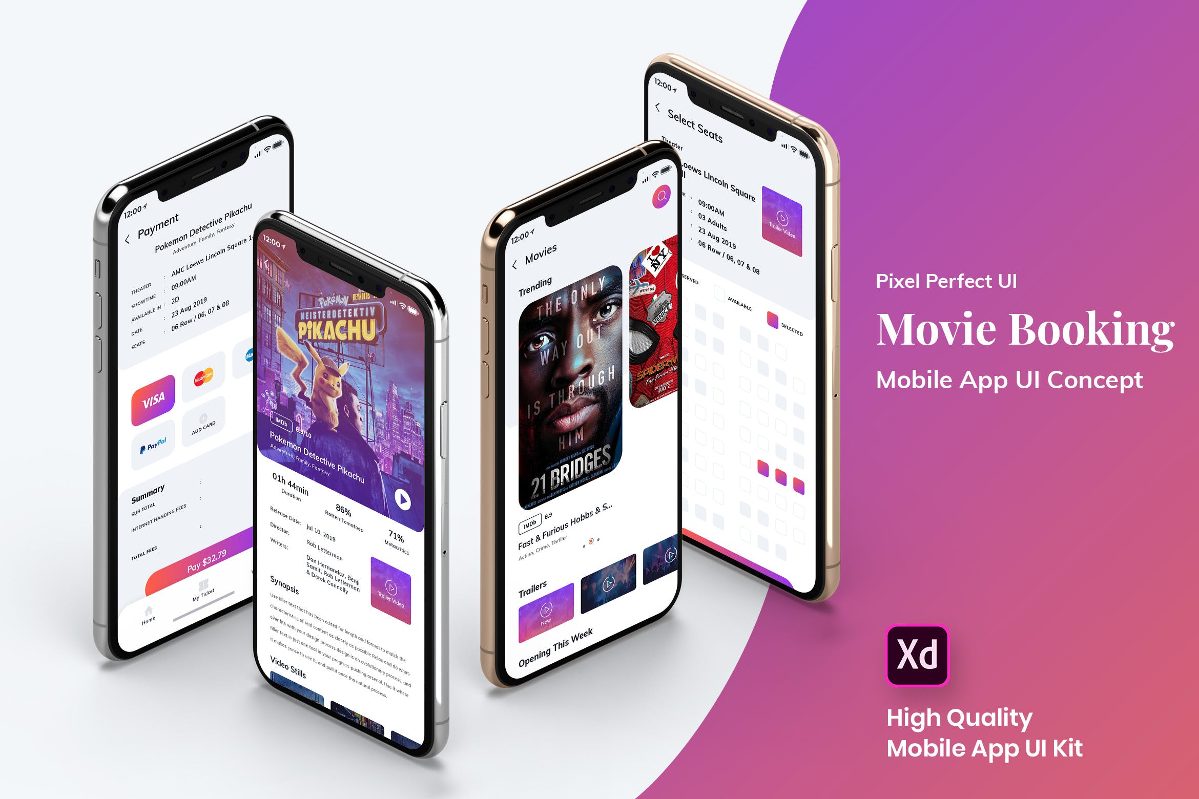 电影在线订票网上选座APP应用UI界面设计XD模板[日间模式版本] Movie Booking MobileApp UI Kit Light Version (XD)插图