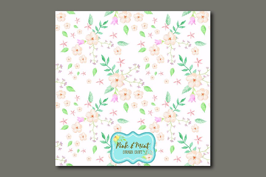 粉色和薄荷色礼品纸张图案素材 Digital Paper Floral Pink and Mint插图(1)