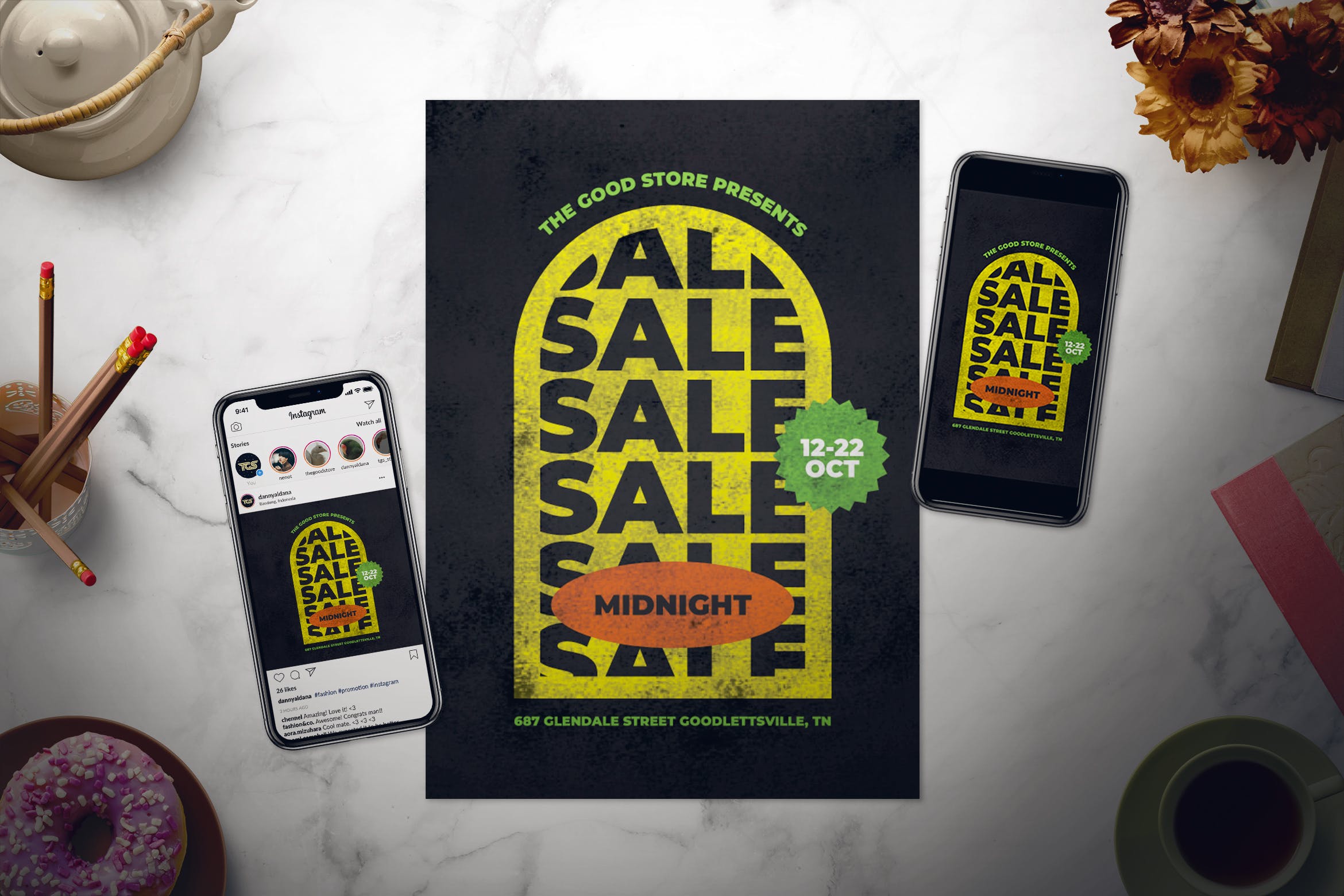 复古设计风格双11购物节海报设计素材 Retro Midnight Sale Flyer Set插图