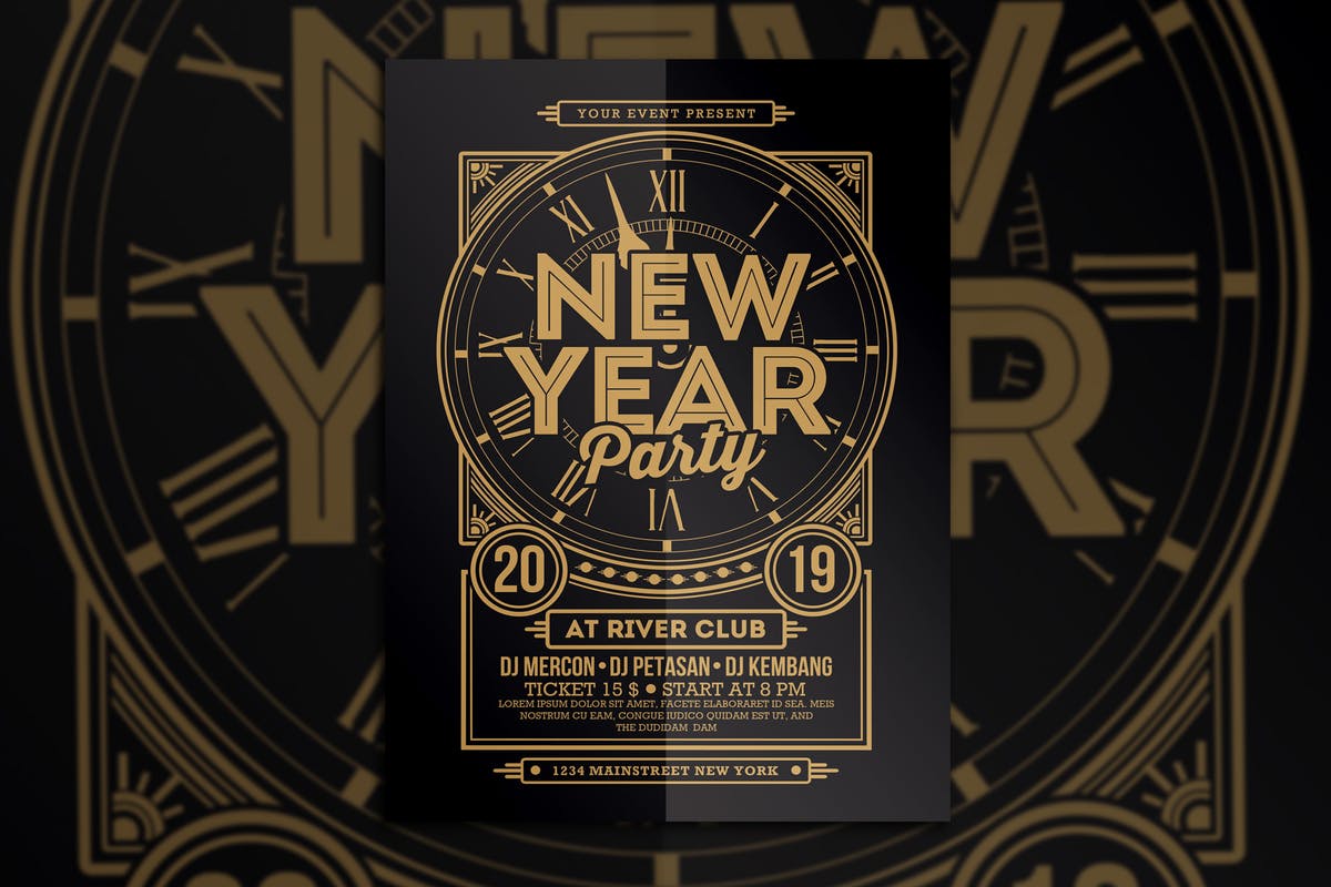 2019新年主题黑金设计风格海报设计模板 New Year Party 2019插图