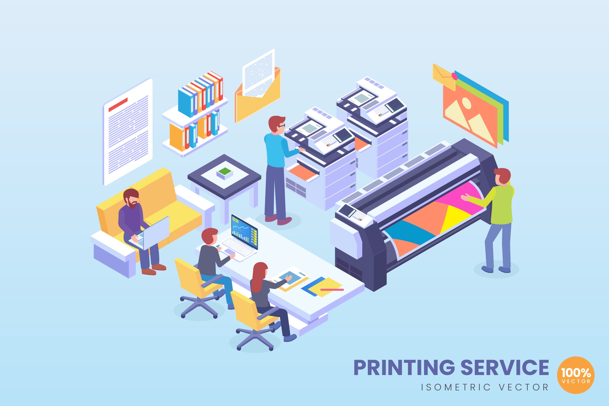 自主打印服务技术场景演示2.5D矢量等距概念插画 Isometric Printing Service Technology Vector插图