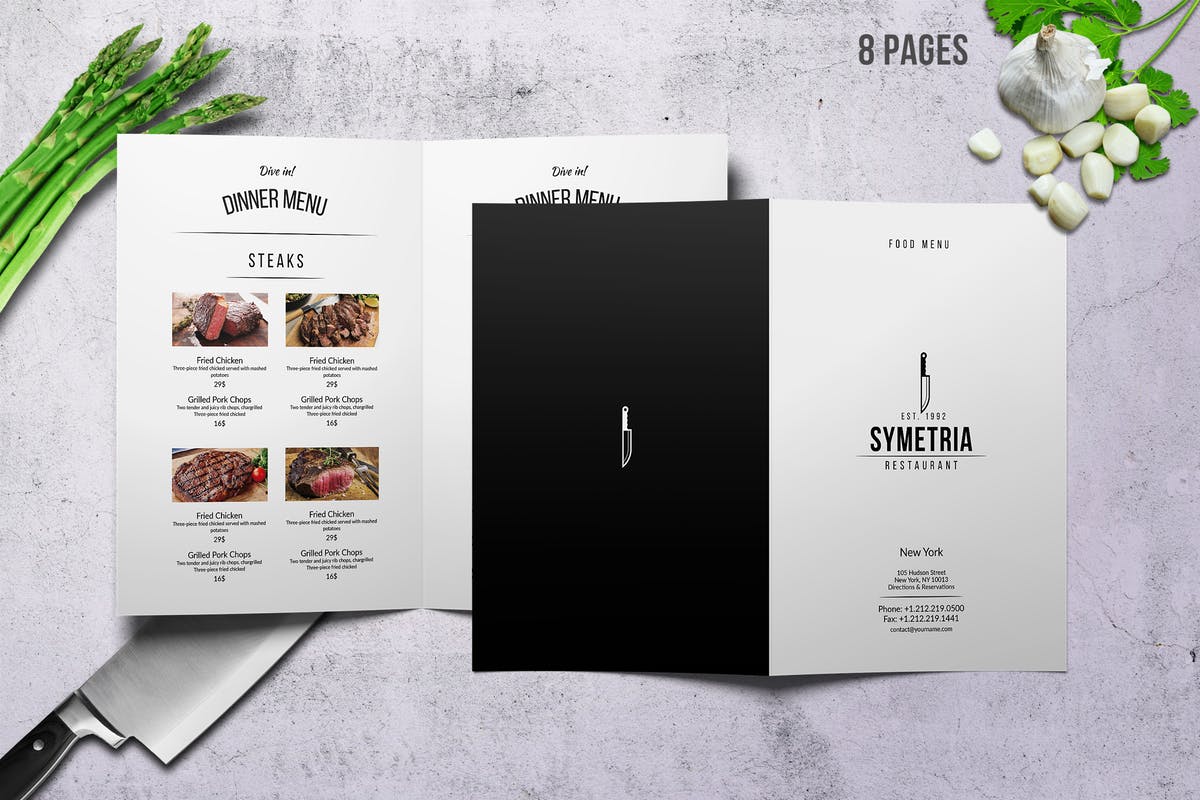低调奢华西餐折页菜单模板 Symetria Simple Style A4 Menu插图