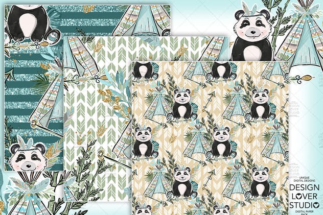 波西米亚风格熊猫无缝图案设计素材 Boho Panda digital paper pack插图2