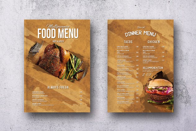 经典多用途汉堡店食物菜单PSD模板 Multipurpose Food Menu – A4 & US Letter插图(1)