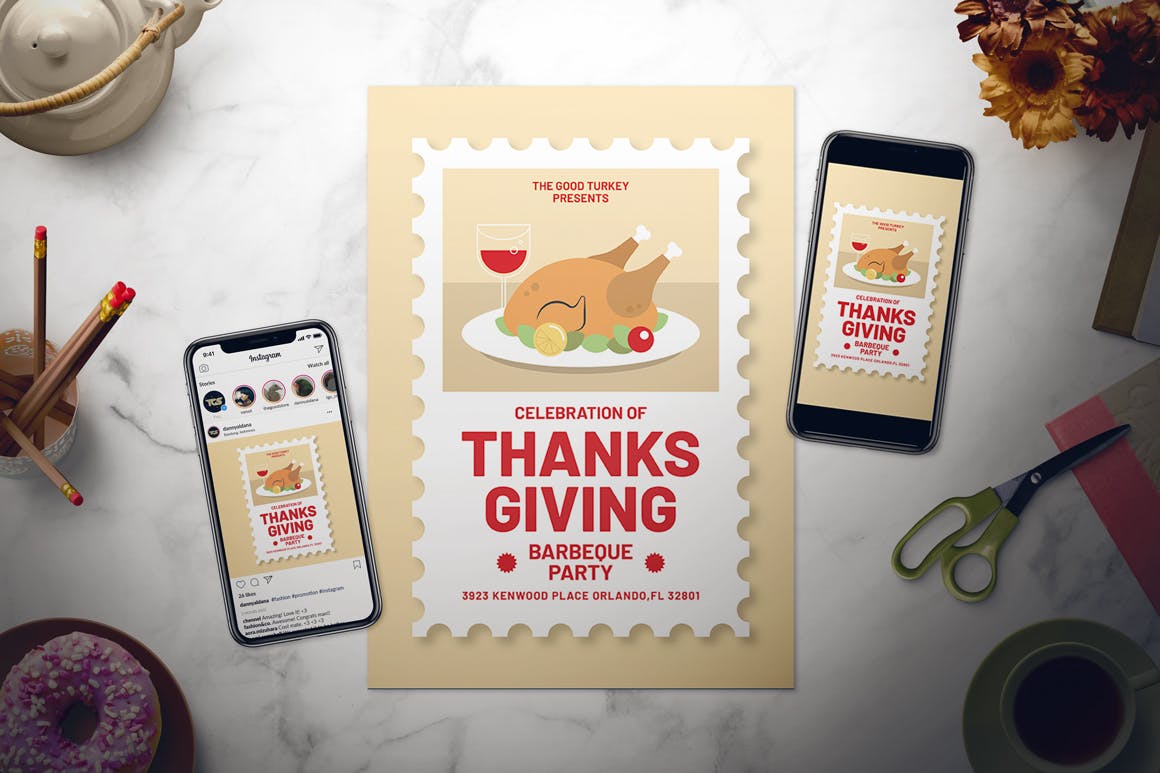 感恩节美食派对海报传单设计模板 Thanksgiving Day Flyer Set插图(1)