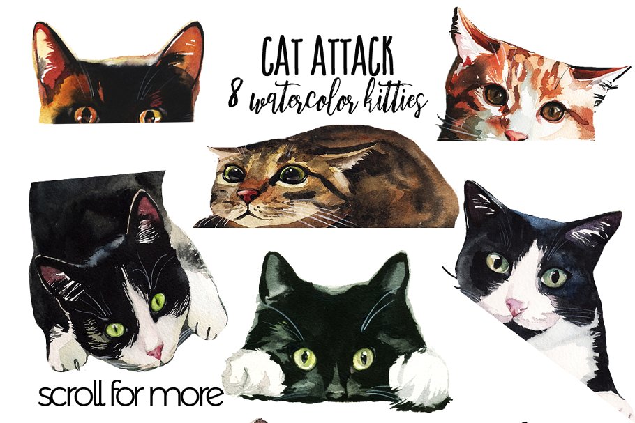 8款愤怒的小猫水彩剪贴画 Cat Attack Watercolor PNG Collection插图1