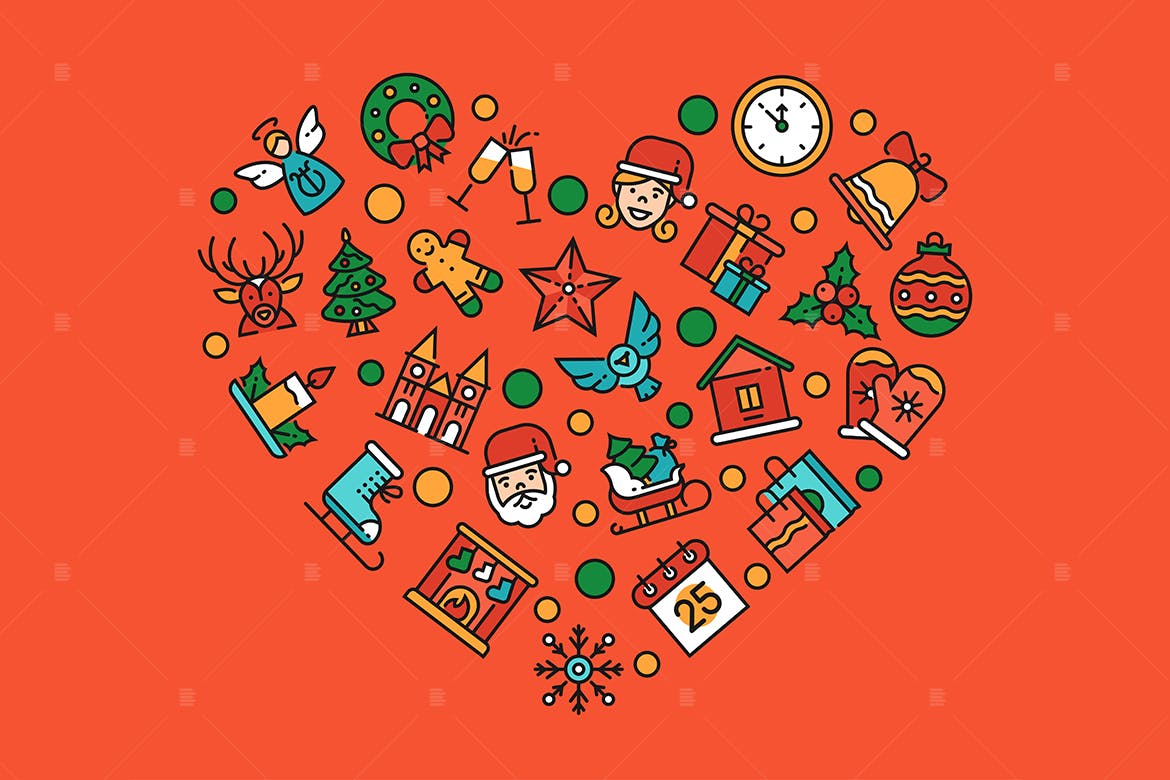 圣诞节符号图标组合心形矢量设计素材 Christmas accessories – linear illustration插图