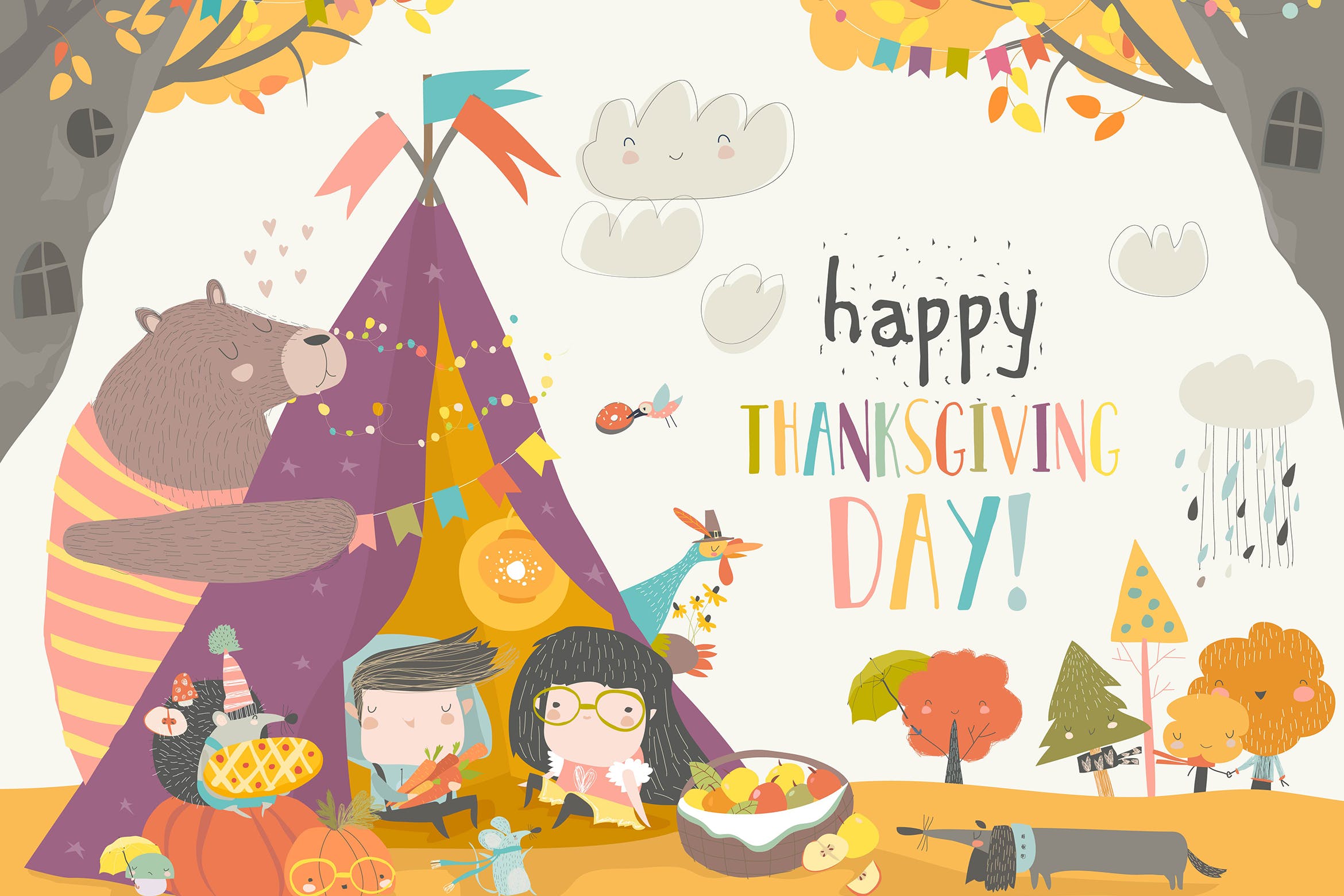 儿童与动物庆祝感恩节主题卡通绘画矢量插画素材 Cute kids celebrating Thanksgiving day with animal插图