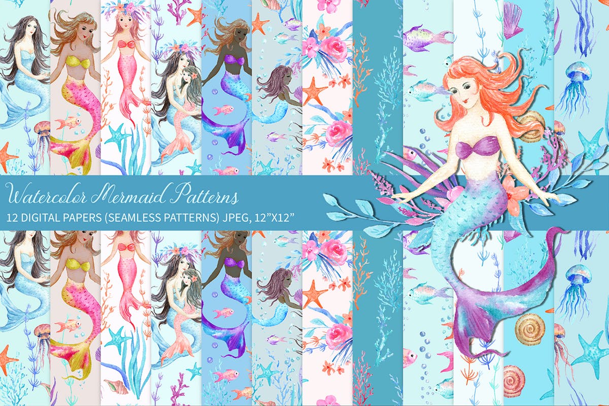 水彩手绘美人鱼图案纸张背景素材 Watercolor Mermaid Digital Paper插图
