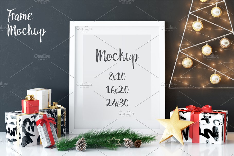 圣诞节主题气氛相框样机 Frame Mockup (Christmas)插图(1)