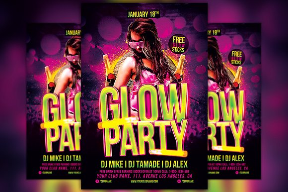 迷幻荧光主题趴传单模板  Glow Party Flyer Template插图