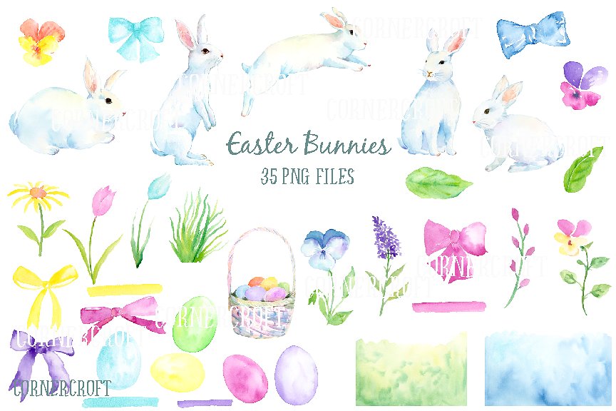 复活节兔子水彩剪贴画 Watercolor Easter Bunny插图2
