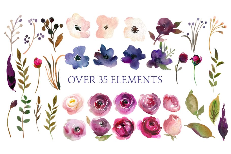 薰衣草色与蓝色水彩花卉剪贴画 Lavender & Blue Watercolor Flowers插图(5)