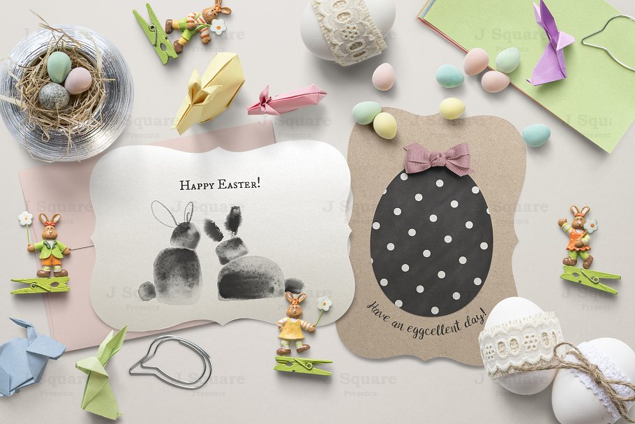 可爱复活节兔子彩蛋元素贺卡模板 Easter A7 Bracket Card Set Mock Ups插图(1)