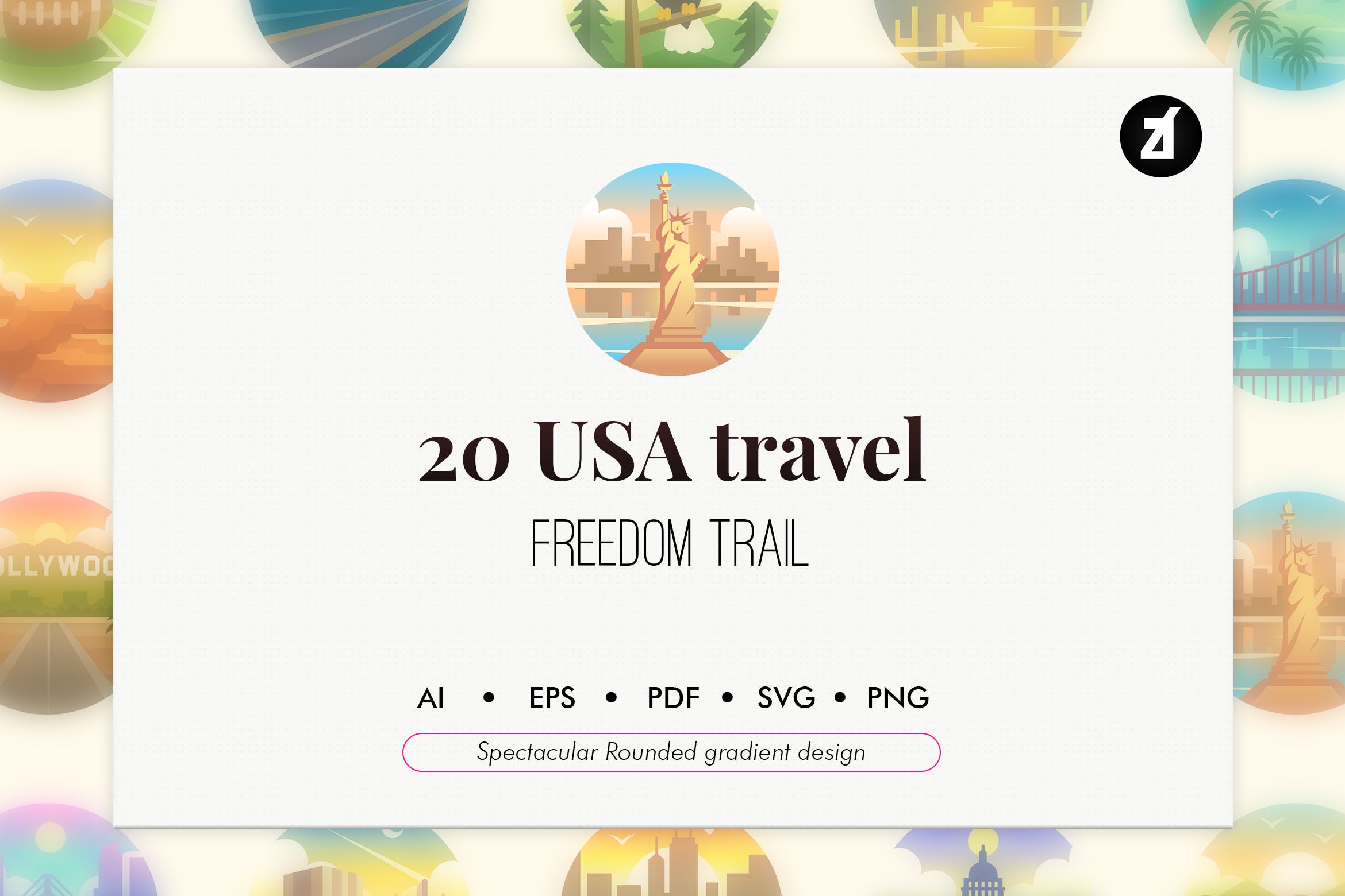 20枚美国旅游主题渐变色矢量圆形图标 20 America travel rounded gradient elements插图