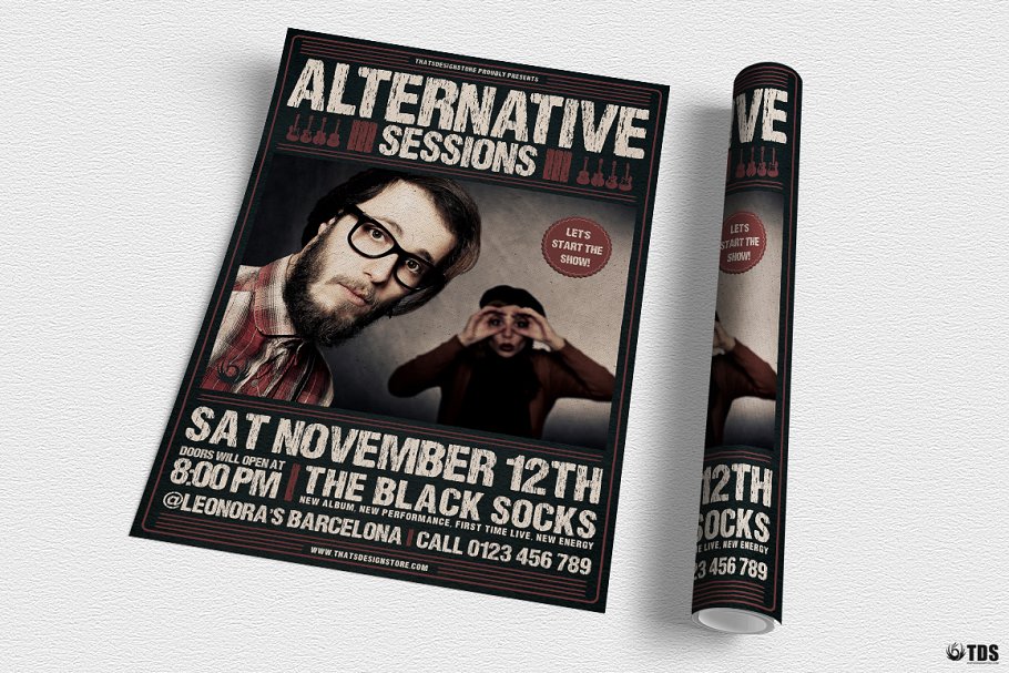 音乐吉他演奏会PSD传单模板 Alternative Sessions Flyer PSD插图(2)