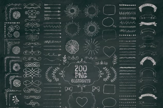 200个高分辨率粉笔画风格装饰元素PNG素材合集 200 High Resolution PNG Elements插图(1)