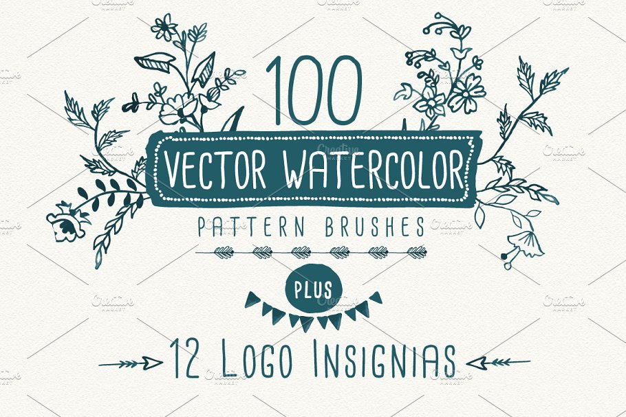 100款水彩手绘图案AI笔刷 Watercolor vector pattern brushes插图