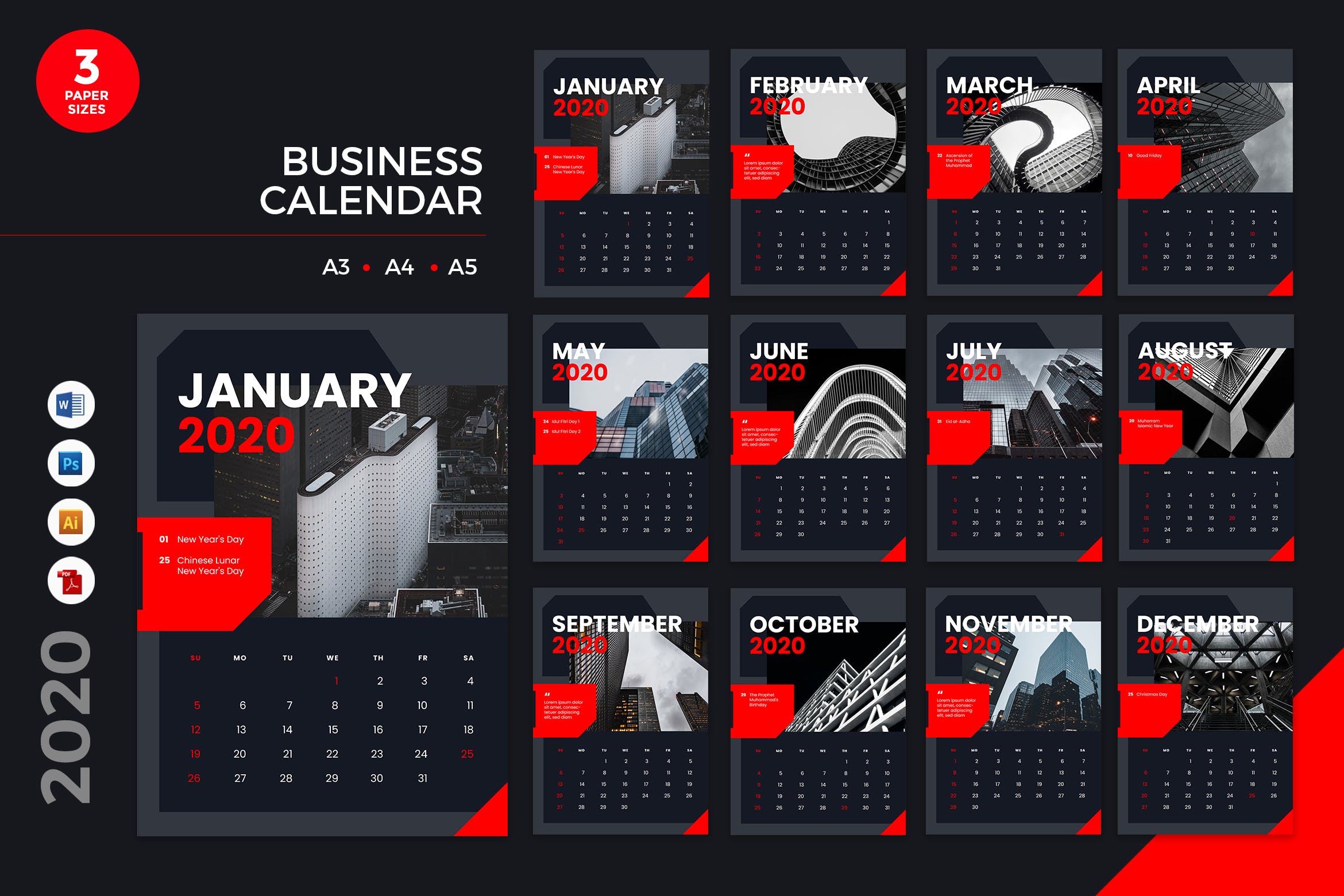 商务风格企业定制2020年日历设计模板 Business Calendar 2020 Calendar – AI, DOC, PSD插图