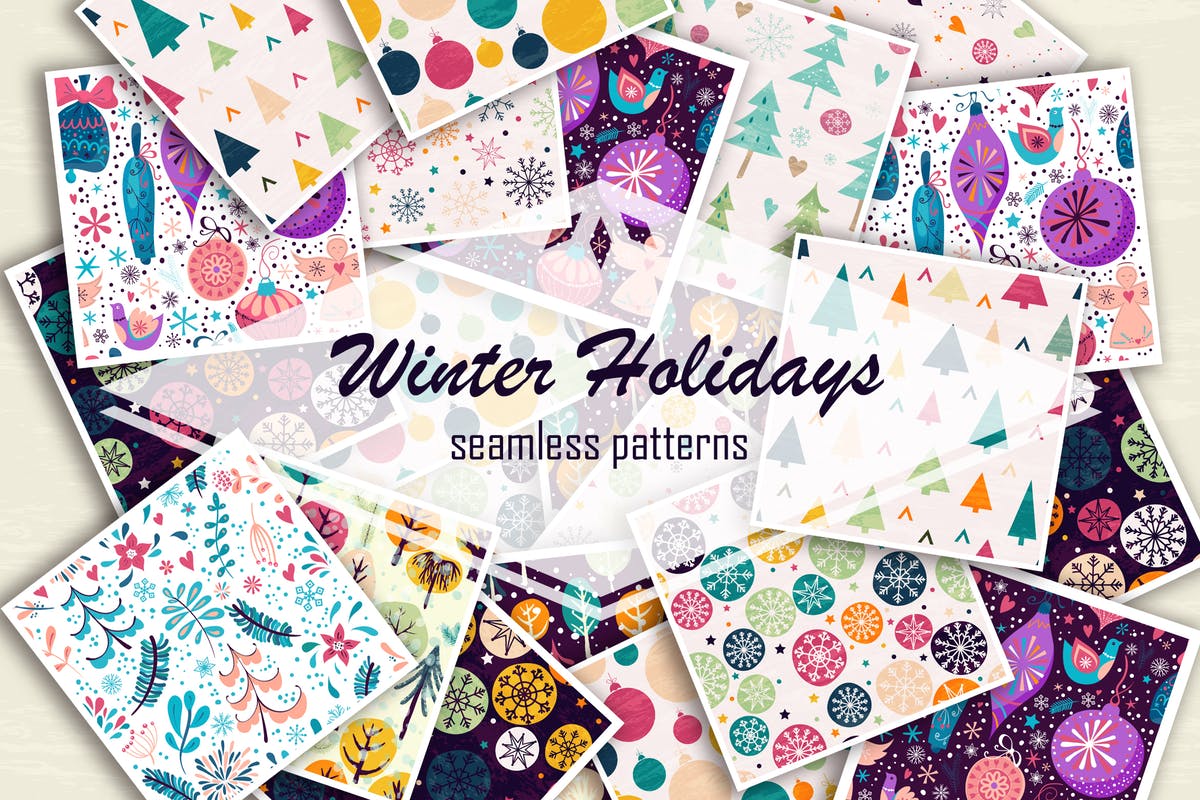 冬天节日气氛元素图案无缝纹理 Winter holidays seamless patterns插图