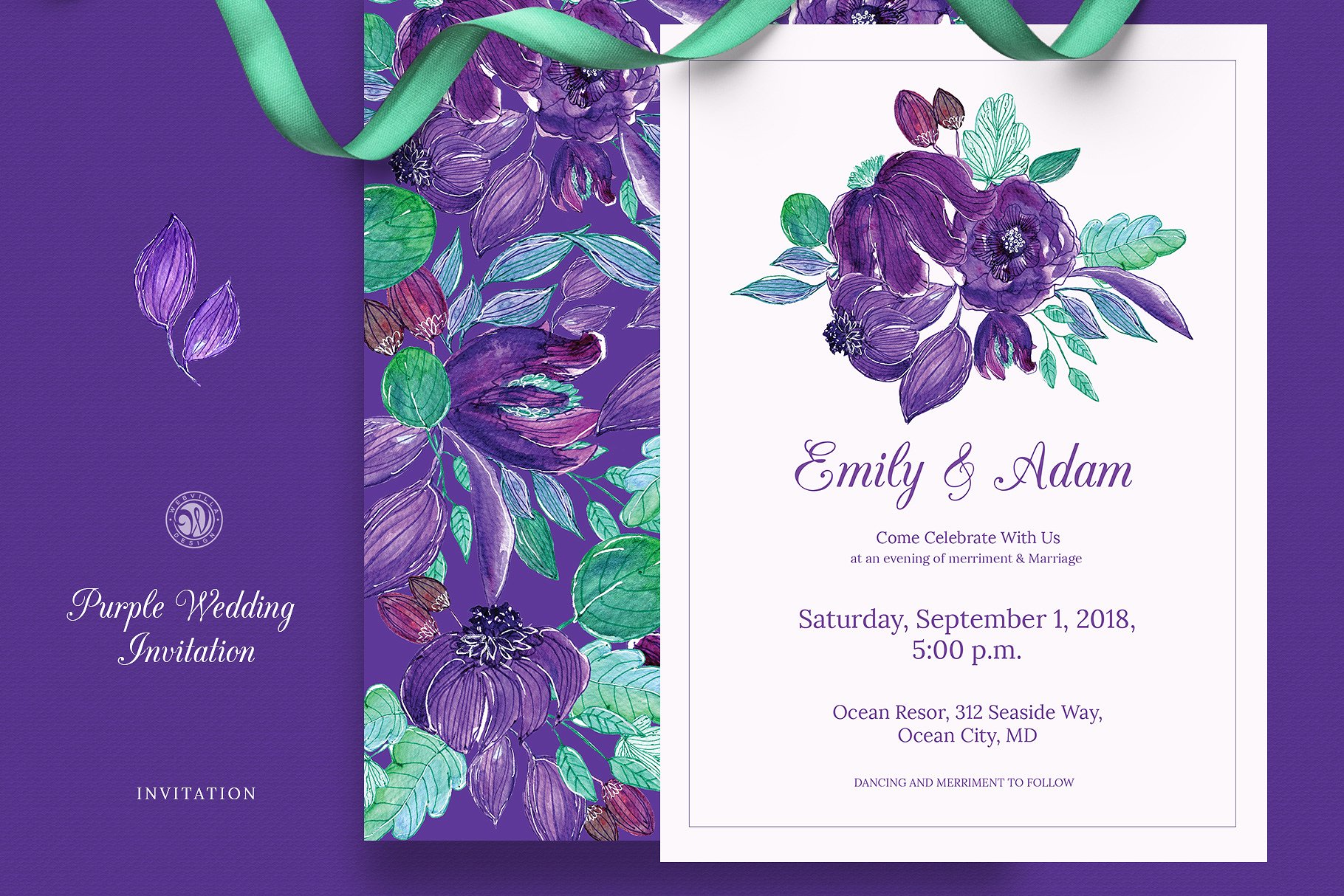 紫色花卉婚礼邀请函设计模板 Purple Wedding Invitation Set插图(1)