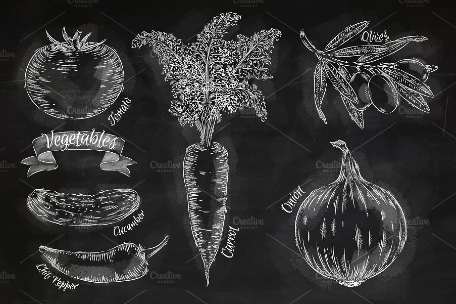 蔬菜粉笔画矢量插画 Vegetables chalk插图(1)