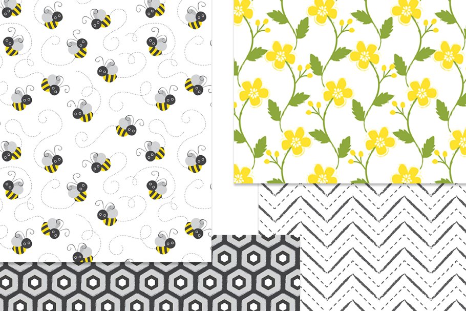 宝贝蜜蜂几何无缝矢量图案 Baby Bees Seamless Patterns插图(7)