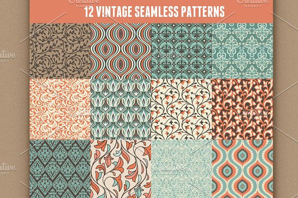 12款复古风格无缝矢量纹理 12 vector vintage seamless patterns插图