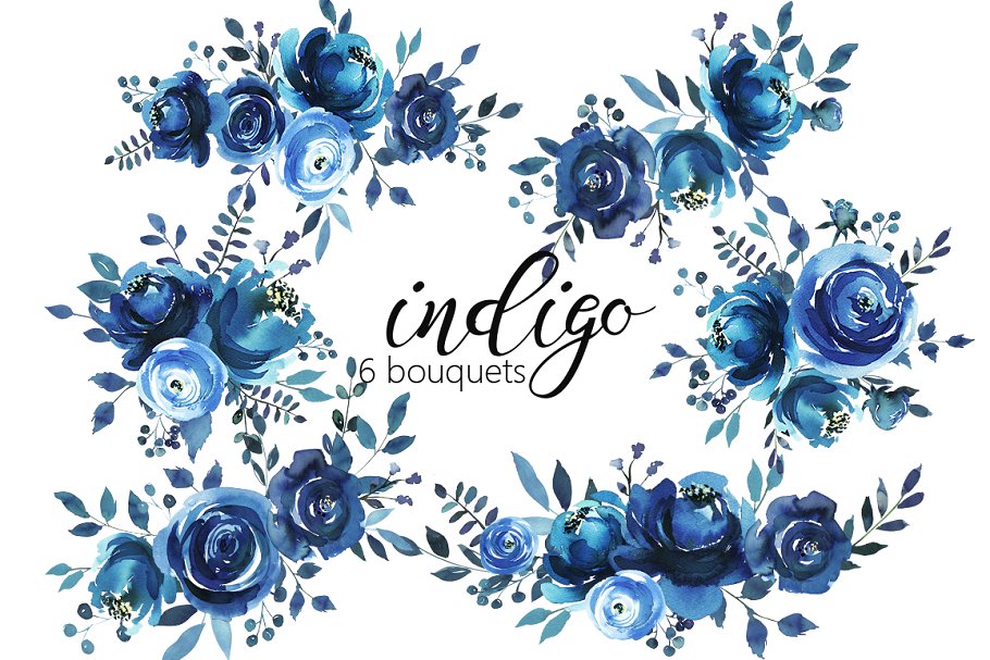 靛蓝水彩花卉剪贴画 Indigo Blue Watercolor Flowers Set插图2