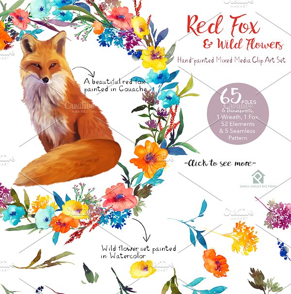 红狐与野花水彩剪贴画 Red Fox and Wild Flowers插图2