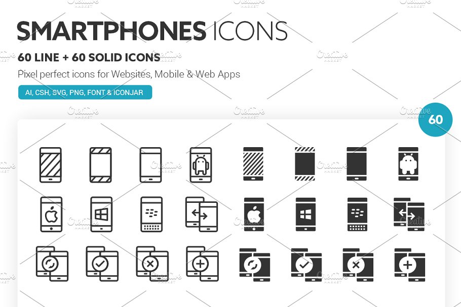 现代智能手机线型图标及实体图标  Smartphones Icons插图