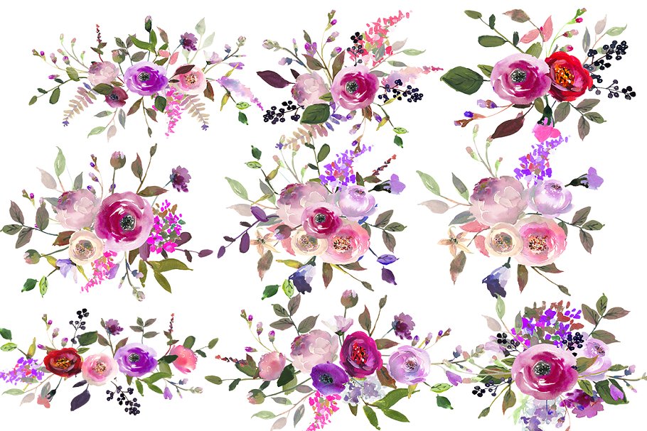 粉色紫色水彩花卉剪贴画合集 Pink Purple Watercolor Flowers Set插图1